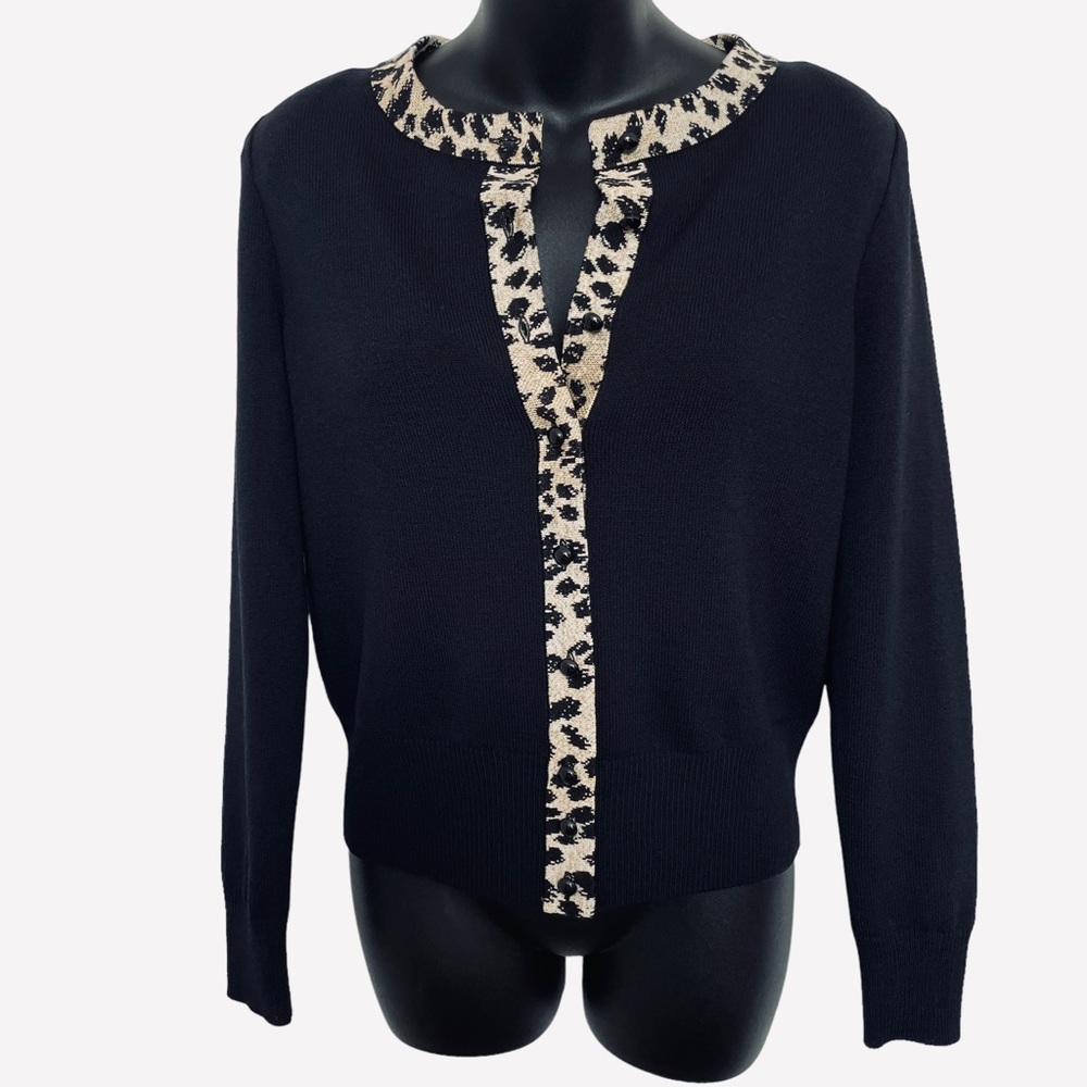 St John Black Santana Knit Round Neck Cardigan/Sweater Leopard Print Trim Size 6